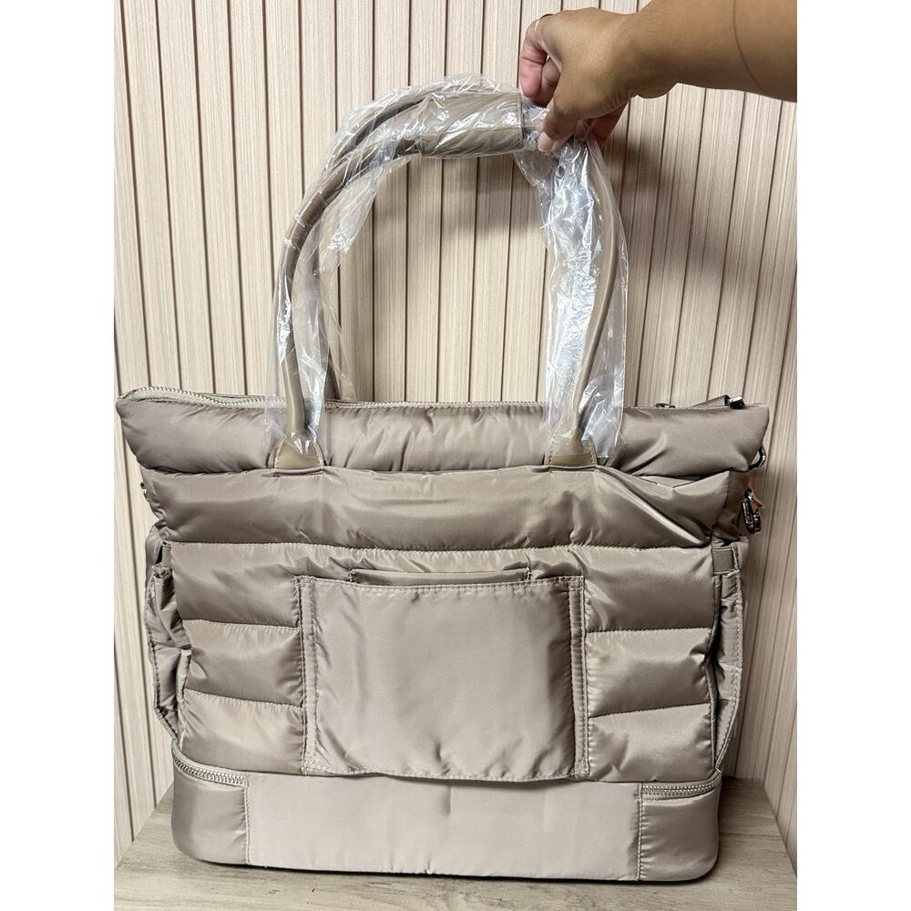 New! iPack Taupe Puffy Tote Bag With Shoe Compartment, Padded Laptop Pocket - Picture 5 of 9